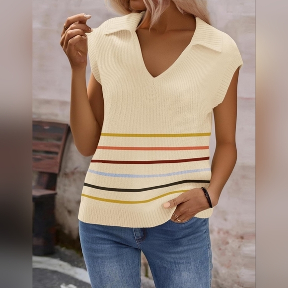 Women's V-Neck Cap Sleeve Oversized Collared Sleeveless Striped Sweater Vest - Picture 4 of 7